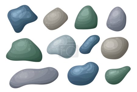 Illustration for Round smooth pebble stone collection. Organic shape rock isolated. Various form of beach blob, splat. Ocean set vector illustration on white background. - Royalty Free Image