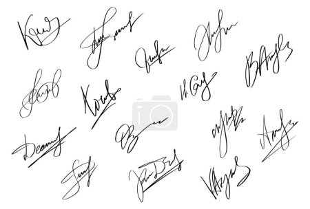 Illustration for Handwriting Autograph set. Personal fictitious signature calligraphy lettering. Scrawl imaginary name for document. Vector illustration on white background. - Royalty Free Image