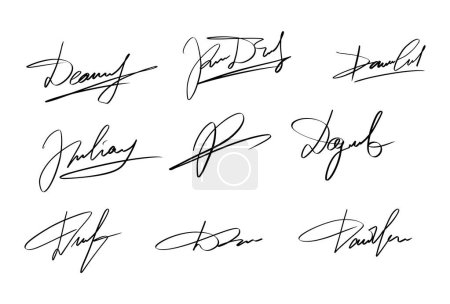 Handschrift Autogrammset. Persönliche fiktive Kalligrafie-Signatur. Scrawl imaginären Namen für Dokument. Vektorabbildung auf weißem Hintergrund.