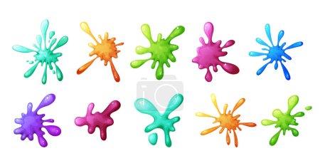 Illustration for Set of Liquid colorful slime in cartoon style. Fluid mucus drip, splatter or splash isolated on white background. Sticky dribble down, toxic blot. Vector illustration. - Royalty Free Image