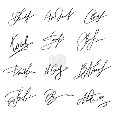 Handschrift Autogrammset. Persönliche fiktive Kalligrafie-Signatur. Scrawl imaginären Namen für Dokument. Vektorabbildung auf weißem Hintergrund.