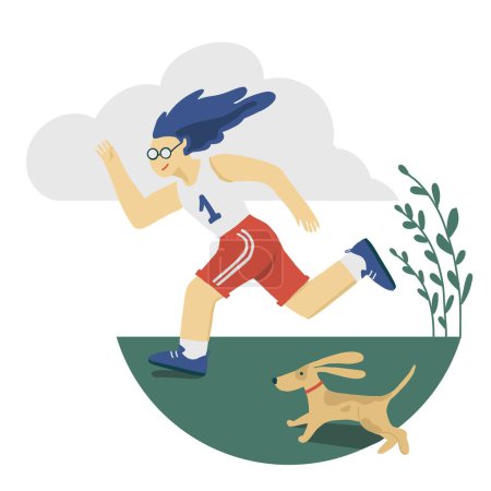 Sé el primero. Felicidad. El corredor y el perro participan en la carrera. Atleta maratón alegre. Hombre jugando con un cachorro en la naturaleza. Ilustración vectorial