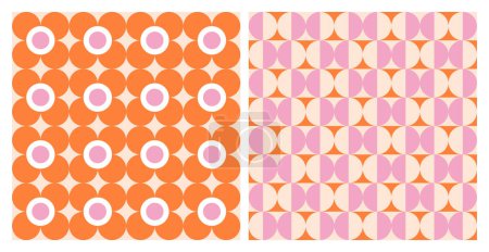 Illustration for 1970 retro vintage pattern background Seamless Pattern Pack in Orange and Pink, Daisy Flowers. Groovy Background, Wallpaper, Hand-Drawn Seventies Style, . Flat Design, Hippie Aesthetic. Vector - Royalty Free Image