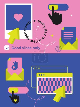 Zine aesthetic and retro vibes. Trendy stickers Y2k. Cards with different elements. Bright colors, funky typography. Vectored shapes: Hands and eye. Checker board. Tools for designer. Global. UI