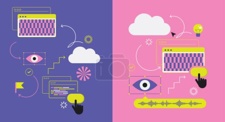 Y2k vector illustration for business and education. Game sphere and Cyber wave. Retro elements. Bright colors, funky style. Zine aesthetic and retro vibes. Vectored shapes. Checker board. Tools for