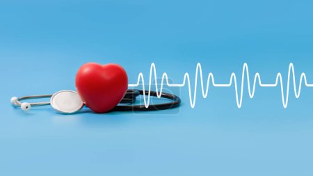 Stetoskop i monitor serca, symbol czerwonej fali serca na niebieskim tle, koncepcja zdrowotna