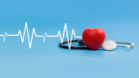Stetoskop i monitor serca, symbol czerwonej fali serca na niebieskim tle, koncepcja zdrowotna