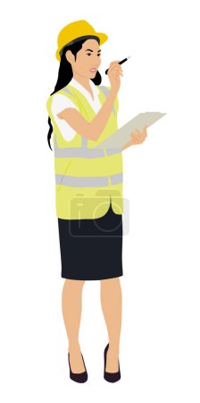 Illustration for Asian female worker holding a clipboard wearing a helmet and a vest. Hand-drawn vector illustration isolated on white. Full length view - Royalty Free Image
