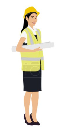 Illustration for The silhouette of a female worker wearing a helmet and a vest holding blueprint. Hand-drawn vector illustration isolated on white. Full length view - Royalty Free Image