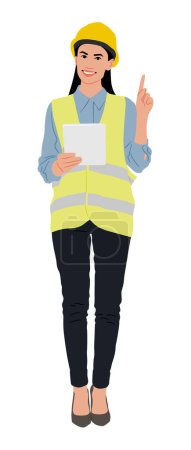 Illustration for A female worker using a digital tablet and pointing with a finger wearing a helmet and a vest. Hand-drawn vector illustration isolated on white. Full length view - Royalty Free Image