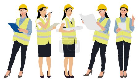 Illustration for Hand-drawn set of female workers with helmets and vests. Vector flat style illustration isolated on white. Full length view - Royalty Free Image
