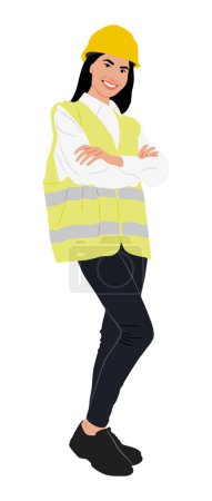 Photo for A female worker with crossed hands wearing a helmet and a vest. Hand-drawn vector illustration isolated on white. Full length view - Royalty Free Image