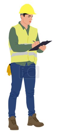 Trabajador de la construcción sosteniendo un portapapeles con casco y chaleco. Ilustración vectorial dibujada a mano aislada en blanco. Vista completa