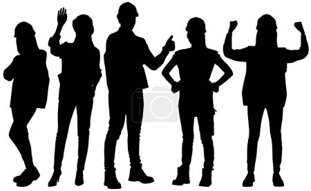 Ensemble silhouette de travailleurs masculins et féminins avec casques et gilets. Illustration vectorielle de style plat isolée sur blanc. Vue pleine longueur