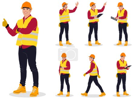 Hand-drawn set of male construction workers with helmets and vests. Vector flat style illustration isolated on white. Full length view