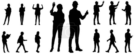 Téléchargez les illustrations : Silhouettes ensemble de travailleurs masculins et féminins avec des casques. Illustration vectorielle de style plat isolée sur blanc - en licence libre de droit