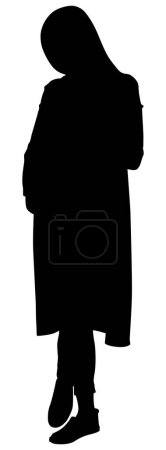 Téléchargez les photos : Ensemble de silhouette d'une femme enceinte debout avec les mains sur le ventre. Illustration vectorielle de style plat isolée sur blanc. Vue pleine longueur - en image libre de droit