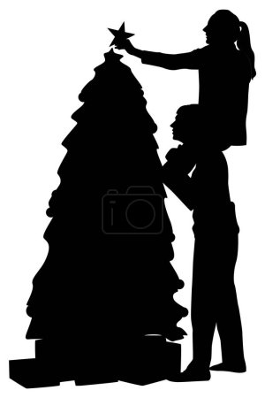 Téléchargez les photos : Silhouette de couple décorant l'arbre de Noël. Illustration vectorielle de style plat isolée sur blanc. Vue pleine longueur - en image libre de droit