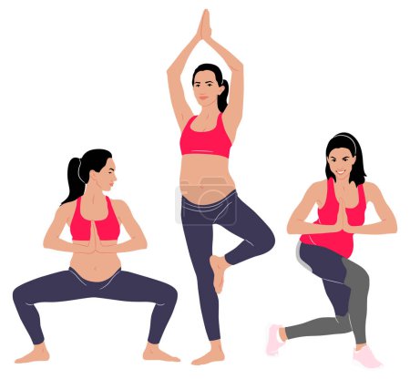 Ilustración de Conjunto dibujado a mano de una mujer embarazada haciendo ejercicio con leggins y un top. Ilustración de estilo plano vectorial aislada en blanco. Vista de cuerpo entero - Imagen libre de derechos
