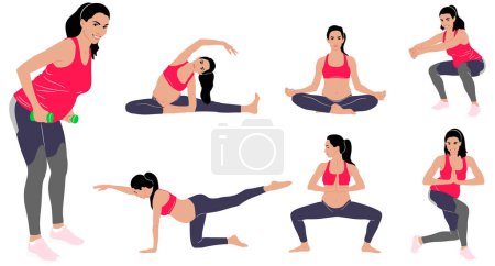 Ilustración de Conjunto dibujado a mano de una mujer embarazada haciendo ejercicio con leggins y un top. Ilustración de estilo plano vectorial aislada en blanco. Vista de cuerpo entero - Imagen libre de derechos