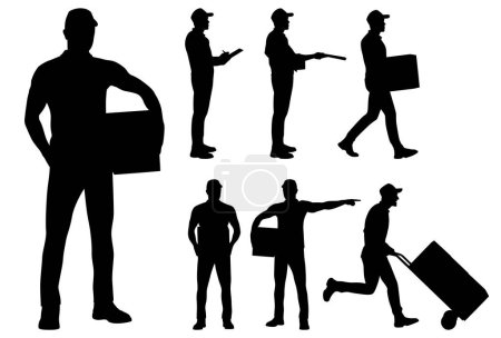 Téléchargez les photos : Set of silhouettes of warehouse workers with the package. Delivery guy is holding a cardboard box in different poses. Vector flat style illustration isolated on white. Full-length view - en image libre de droit