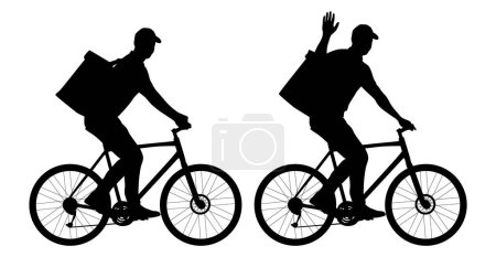Téléchargez les photos : Set of silhouettes of delivery guy riding a bicycle. Delivery man with a package. Vector flat style illustration isolated on white. Full-length view - en image libre de droit