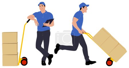 Téléchargez les photos : Set of hand-drawn warehouse workers with the package. Delivery guy is holding a cardboard box worker in different poses. Vector flat style illustration isolated on white. Full-length view - en image libre de droit
