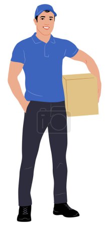 Téléchargez les photos : Hand-drawn worker with the package. Delivery guy is holding a cardboard box worker in different poses. Vector flat style illustration isolated on white. Full-length view - en image libre de droit