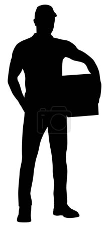 Téléchargez les photos : Silhouette of worker with the package. Delivery guy is holding a cardboard box in different poses. Vector flat style illustration isolated on white. Full-length view - en image libre de droit