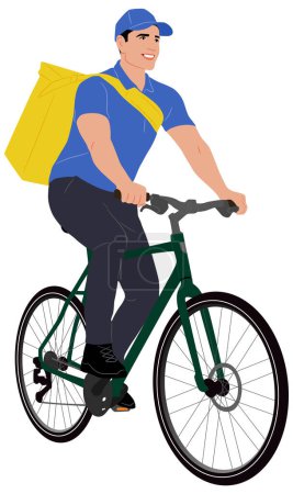 Téléchargez les photos : Hand-drawn delivery guy riding a bicycle. Delivery man with a package. Vector flat style illustration isolated on white. Full-length view - en image libre de droit