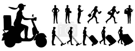 Photo for Silhouettes set of delivery female worker holding carbord box and folder in different poses. Delivery woman on a scooter. Vector flat style illustration isolated on white. Full length view - Royalty Free Image