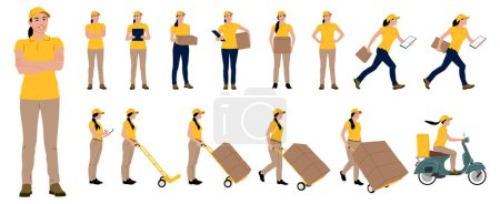Téléchargez les photos : Set of hand drawn female worker holding carbord box and folder in different poses. Delivery woman on a scooter. Vector flat style illustration isolated on white. Full length view - en image libre de droit
