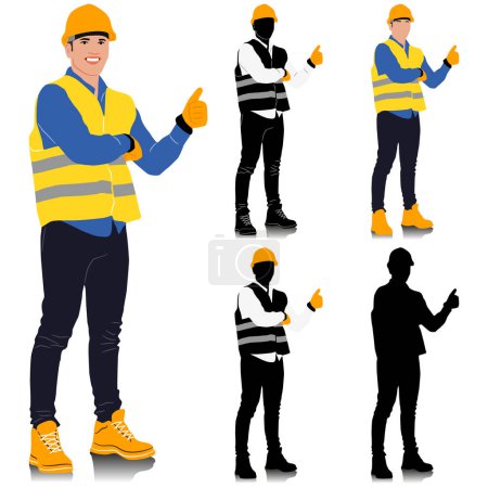 Trabajador de la construcción mostrando el pulgar hacia arriba usando casco y chaleco. Diferentes opciones de color. Ilustración vectorial dibujada a mano aislada en blanco. Vista completa