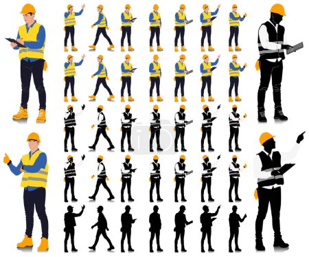 Photo for Construction worker poses wearing helmet and vest. Different color options. Worker silhouette set. Hand-drawn vector illustration isolated on white. Full length view - Royalty Free Image