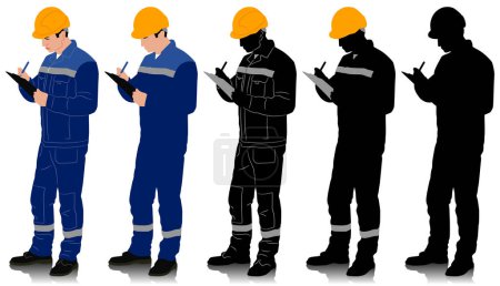 Silueta de trabajador con casco. Un trabajador sosteniendo un portapapeles. Diferentes opciones de color. Ilustración vectorial dibujada a mano aislada en blanco. Vista completa