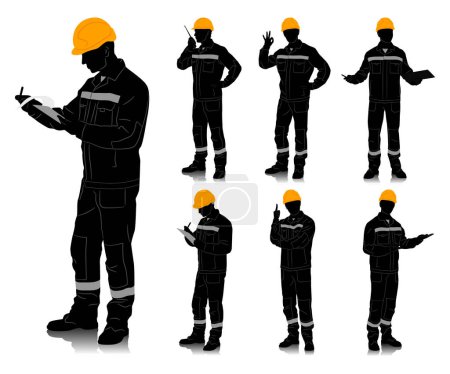 Illustration for Silhouette of worker with a helmet. Worker wearing overalls with safety band. Different poses. Vector illustration set isolated on white. Full length view - Royalty Free Image
