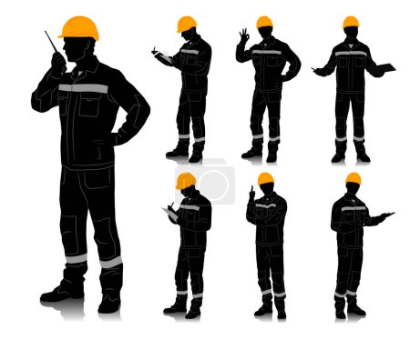 Photo for Silhouette of worker with a helmet. Worker wearing overalls with safety band. Different poses. Vector illustration set isolated on white. Full length view - Royalty Free Image