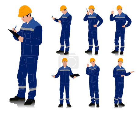Hand drawn worker with a helmet. Worker wearing blue work overalls with safety band. Different poses. Vector illustration set isolated on white. Full length view