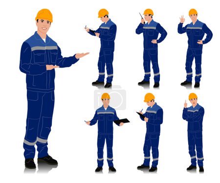 Photo for Hand drawn worker with a helmet. Worker wearing blue work overalls with safety band. Different poses. Vector illustration set isolated on white. Full length view - Royalty Free Image
