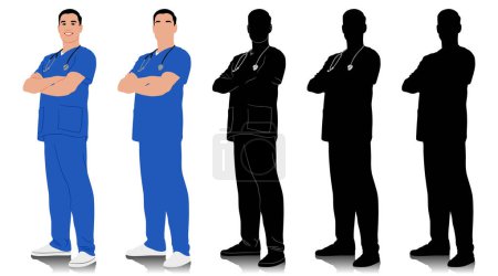 Photo for Hand-drawn healthcare worker. Happy smiling doctor with a stethoscope. Male nurse in blue uniform. Vector flat style illustration set isolated on white. Full length view - Royalty Free Image