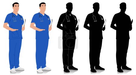 Hand-drawn healthcare worker. Happy smiling doctor with a stethoscope and clipboard. Male nurse in blue uniform. Vector flat style illustration set isolated on white. Full length view