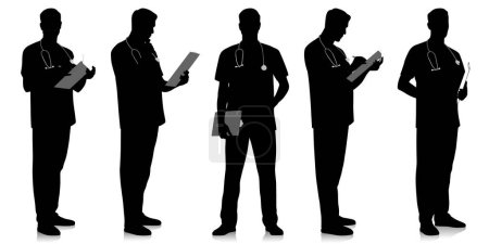 Photo for Silhouette of healthcare worker. Doctor with a stethoscope and clipboard. Male nurse in uniform. Vector flat style illustration set isolated on white. Full length view - Royalty Free Image