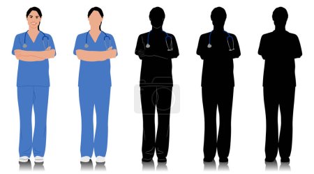 Hand-drawn female healthcare worker. Happy smiling female doctor with a stethoscope. Nurse in blue uniform. Vector flat style illustration set isolated on white. Full length view