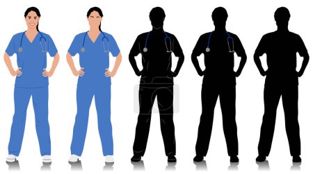 Hand-drawn female healthcare worker. Happy smiling female doctor with a stethoscope. Nurse in blue uniform. Vector flat style illustration set isolated on white. Full length view