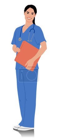 Photo for Hand-drawn female healthcare worker. Happy smiling female doctor with a stethoscope. Nurse in blue uniform holding folder. Vector flat style illustration set isolated on white. Full length view - Royalty Free Image