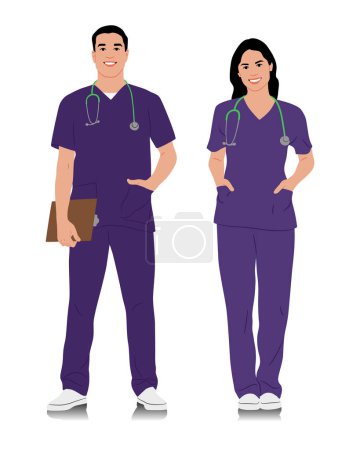 Photo for Hand-drawn healthcare workers. Happy smiling doctors with a stethoscope. Male and female nurse in purple uniform poses. Different color options. Vector flat style illustration set isolated on white - Royalty Free Image