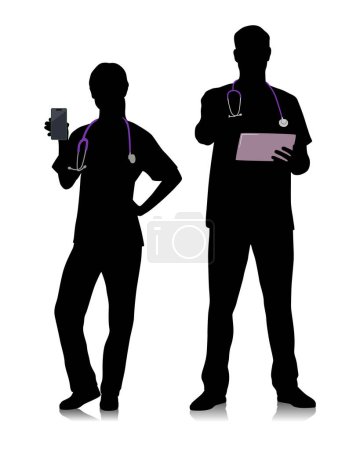 Photo for Silhouettes of healthcare workers. Happy smiling doctors with a stethoscope. Male and female nurse in blue uniform poses. Different color options. Vector flat style illustration set isolated on white - Royalty Free Image