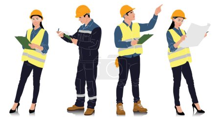 Handgezeichnetes Set männlicher und weiblicher Arbeiter mit Helmen und Westen in verschiedenen Posen und Farbvarianten. Vektor-Illustration isoliert auf Weiß