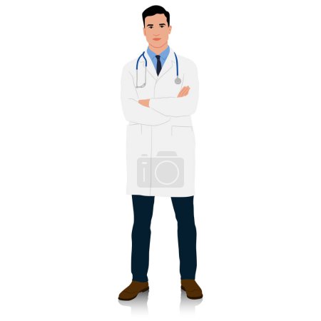 Téléchargez les illustrations : Un médecin en manteau blanc avec les mains croisées. Travailleur de santé masculin. Illustration vectorielle dessinée à la main isolée sur blanc - en licence libre de droit