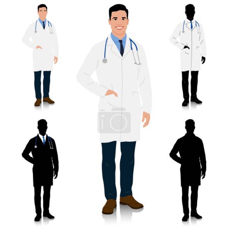 Téléchargez les photos : Un médecin vêtu d'un manteau blanc, la main dans la poche. Travailleur de santé masculin. Illustration vectorielle dessinée à la main isolée sur blanc - en image libre de droit
